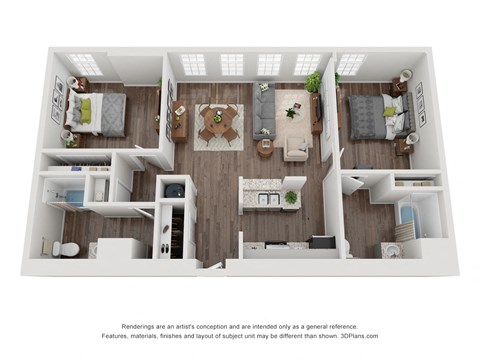 Floor plan for 2 beds, 2 baths, 991 sqft